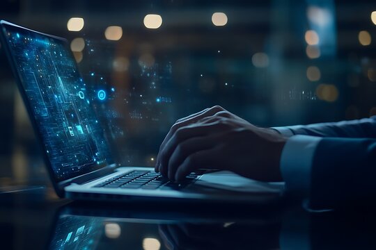 Person typing on laptop with glowing blue digital interface and bokeh lights background hands keyboard 1