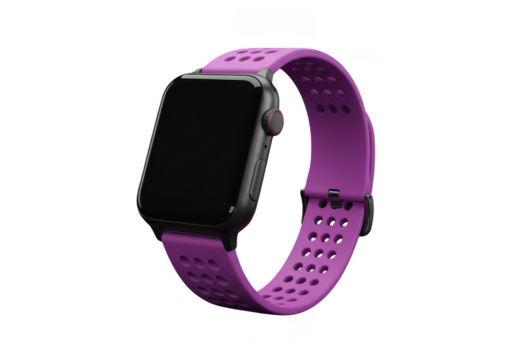 Isolated image of a smartwatch with a purple perforated band on a plain dark surface studio shot on transparent background
