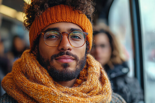 A trendy young man with a beard, glasses, and a bright orange knit headband and scarf looks confidently at the camera while riding public transport, embodying modern urban style - Powered by Adobe