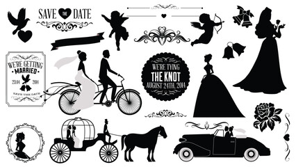 Wedding Silhouettes and Elements Pack: A collection vector set of elegant black and white silhouettes perfect for wedding invitations, save-the-dates, and other romantic stationery.