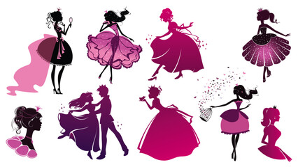 Enchanting silhouettes Pack: A collection vector set of graceful princess silhouettes in varying poses, showcasing elegance, dance, and the timeless allure of royalty.