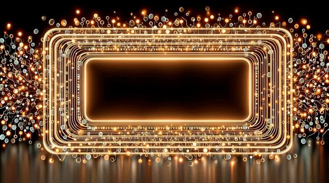 An eye-catching abstract background featuring glowing golden frames and colorful bokeh lights, perfect for designs that require a bold and attractive visual appeal.