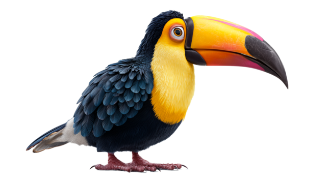 Vibrant kachanov cartoon portrait of an oversized toucan bird with striking colors and unique features