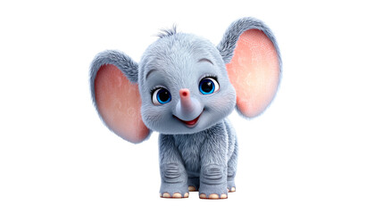 A charming cartoon baby elephant with soft gray skin, large ears, and big blue eyes smiles playfully