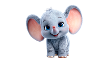 A charming cartoon baby elephant with soft gray skin, large ears, and big blue eyes smiles playfully