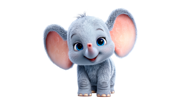 A charming cartoon baby elephant with soft gray skin, large ears, and big blue eyes smiles playfully