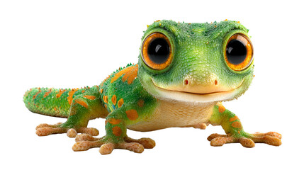 Cute cartoon gecko lizard with vibrant green body and large expressive eyes smiles playfully in a cheerful illustration