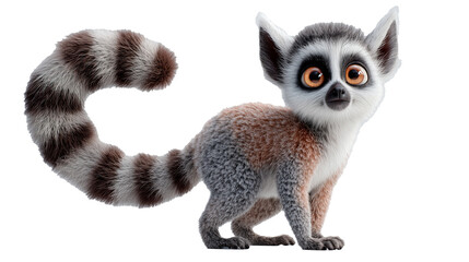 Cute cartoon lemur with a big round face and curled striped tail posing adorably in a vibrant jungle environment