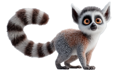 Cute cartoon lemur with a big round face and curled striped tail posing adorably in a vibrant jungle environment