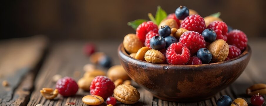 A rustic bowl overflowing with mixed nuts and berries , background, food photography, healthy - Powered by Adobe