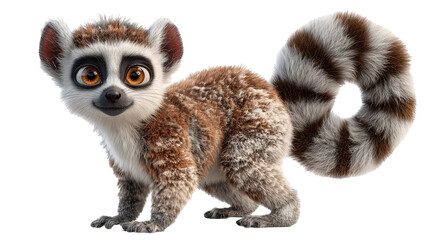 Cartoon lemur with a big round face and curled striped tail poses playfully in a colorful animated setting