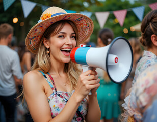 smiling woman dressed in June party with megaphone