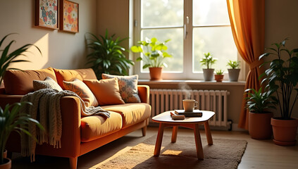 Fototapeta premium Plush Sofa and Vibrant Cushions Aplenty