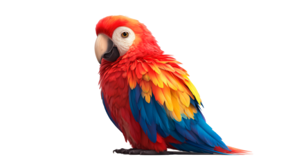 Colorful kachanov cartoon macaw parrot with vibrant red, blue, and yellow feathers perched gracefully in a minimalist setting
