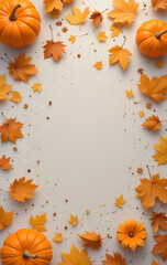 Fall background with orange pumpkins and fall leaves on a light surface, generative AI