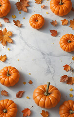 Fall background with orange pumpkins and fall leaves on a light surface, generative AI
