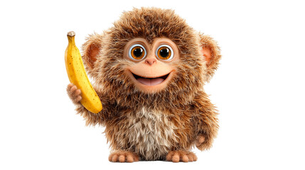 Cartoon monkey with brown fur happily holding a banana in a playful setting