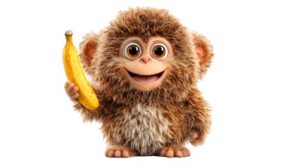 Cartoon monkey with brown fur happily holding a banana in a playful setting