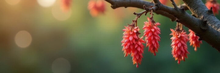 Dried flower clusters suspended from a gnarled tree limb, outdoors, natural branches, rustic