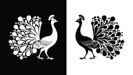 Black And White Peacock Silhouettes Elegant Bird Graphic Illustration Ornate Tail Design Artistic Decorative Elements Vector Art