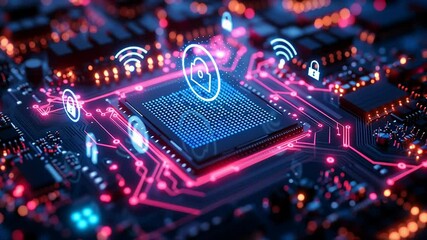 Futuristic circuit board with glowing neon lights and 5G technology symbols in motion. Data, communication, smart home footage - Powered by Adobe