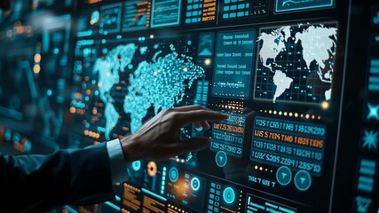 Futuristic data interaction with global digital map and touchscreen technology. Analytics, connectivity, information, - Powered by Adobe