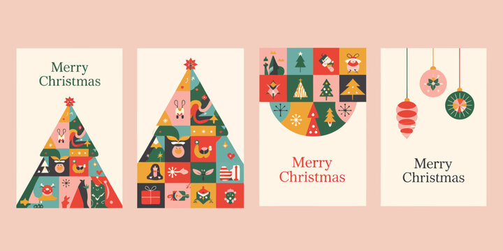 Set of Four Minimalist Christmas Cards – Colorful Geometric Trees, Wreath, and Hanging Ornaments with Modern “Merry Christmas” Text on Light Pink Background