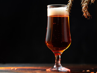 Light beer glass on a dark background with wheat ears