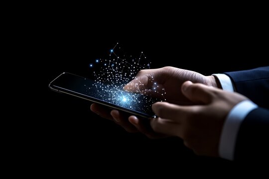 Man in dark suit using smartphone with glowing network graphic hands mobile phone