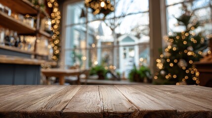 Obraz premium Wooden table surface presenting blank mockup space, blurred festive cafe background with softly glowing christmas tree lights and warm interior setting
