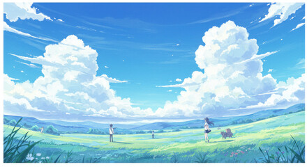 Peaceful landscape under fluffy clouds