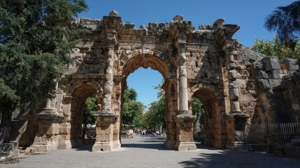 Naklejka premium Hadrian's gate towering over verdant park landscape, historic roman triumphal arch marking ancient city entrance under brilliant azure sky in antalya, turkey