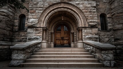 Weathered wooden door positioned on stone steps, leading into historic building with detailed stonework and architectural craftsmanship