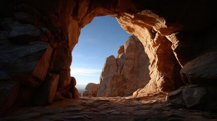 Sunlight filtering through rocky cave entrance, casting dramatic shadows across stone floor in arches national park wilderness landscape