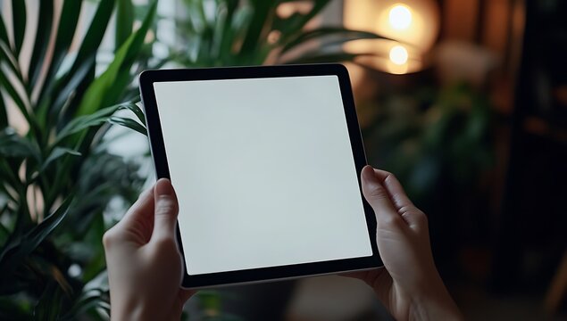 Person holding a blank white screen tablet computer with blurred green plants and warm lights in the background