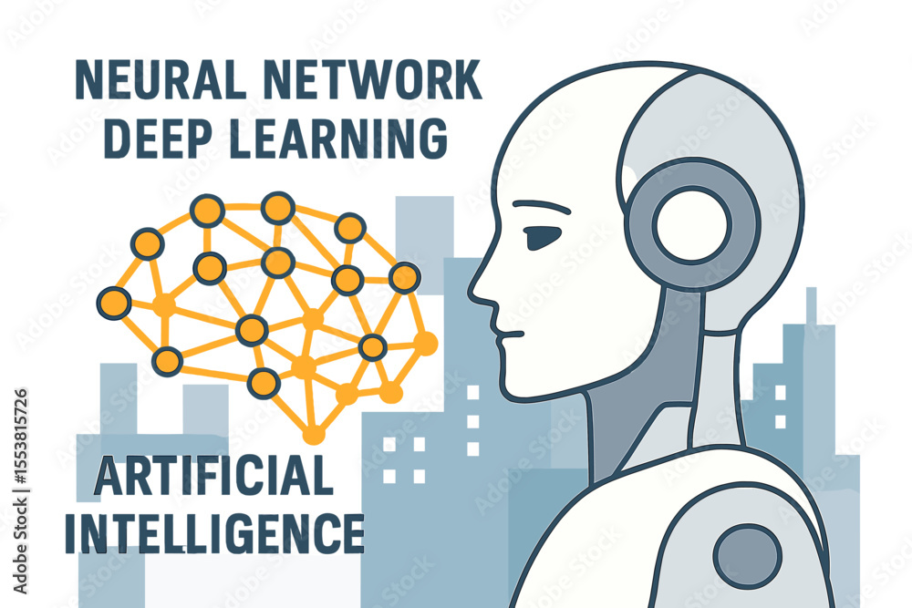 Poster the concept of a neural network is represented by a robot face set against an abstract background of
