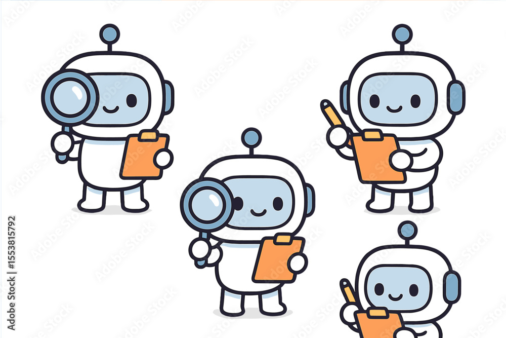 Poster a set of adorable robot ai characters analyzes and records actions