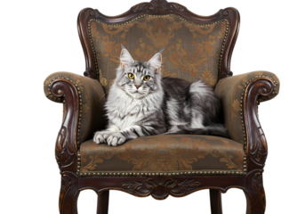 Majestic Maine Coon Cat in Antique Chair Regal Pet Photography on transparent background