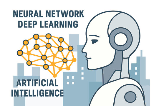 The concept of a neural network is represented by a robot face set against an abstract background of a building, symbolizing deep learning and the  market