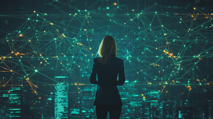 Hacker are planning to hack and attack networks and cyber security systems and stands on the peak of success amid tall, innovative Smart city and graphs with statistics to analyze business potential