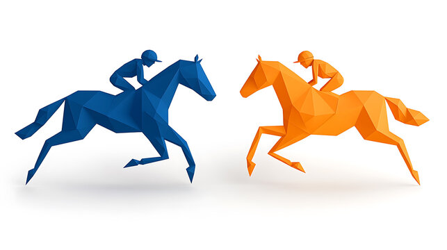 Low polygon horse race art featuring blue and orange polygonal horses with jockeys in a minimalist style against a white backdrop, simulating speed.