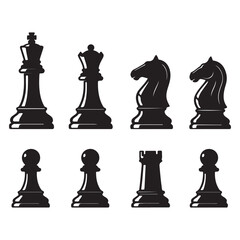 Elegant Chess Piece Set Depiction Black and White Silhouette Collection for Game Strategy and Design