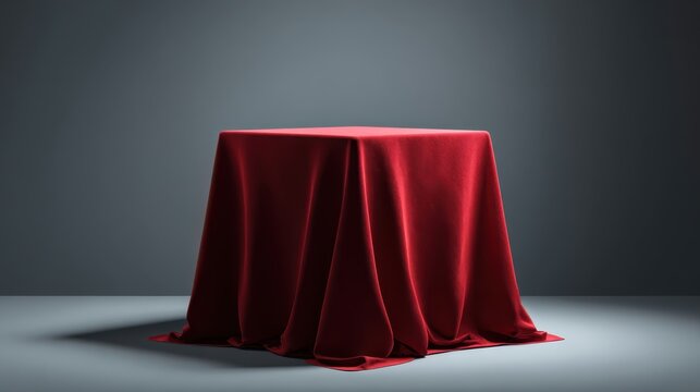 Square pedestal covered with red velvet cloth is standing in a gray room, creating an elegant and mysterious atmosphere for a product presentation or unveiling