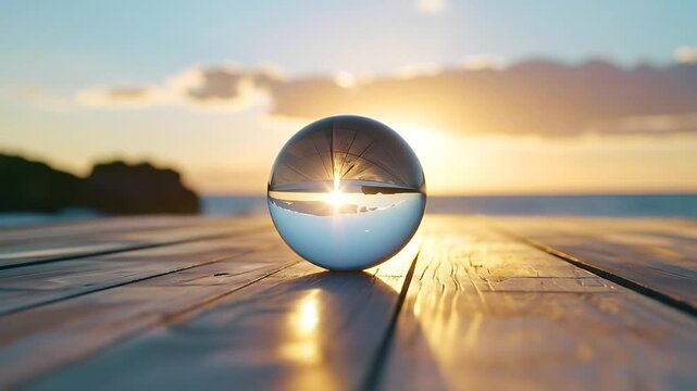 Crystal Ball Reflecting Sunset Over Ocean On Wooden Pier