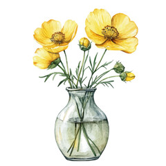 A Buttercup In A Vase, watercolor illustration vector, isolated on a white background.