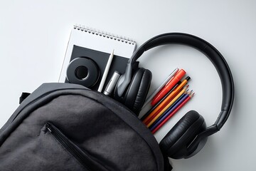 Backpack Essentials: A collection of essential school supplies bursts forth from a durable backpack, embodying the spirit of preparation and readiness for learning and creativity.