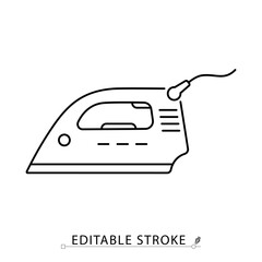 An electric iron icon in minimalist style with editable stroke. Steam appliance, garment care, laundry tool, fabric smoothing, household equipment, outline object, vector line illustration.