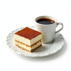 Traditional Italian Tiramisu dessert square portion on ceramic plate and cup of fresh espresso coffee isolated on white background