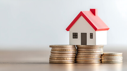 Toy house sits atop stacks of coins, symbolizing investment in real estate, saving for a home, or financial planning for property ownership.