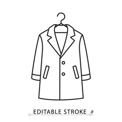 A coat on hanger icon in minimalist style with editable stroke. Outerwear clothing, warm fashion, formal wardrobe, seasonal garment, winter jacket, line drawing, outline apparel, vector illustration.